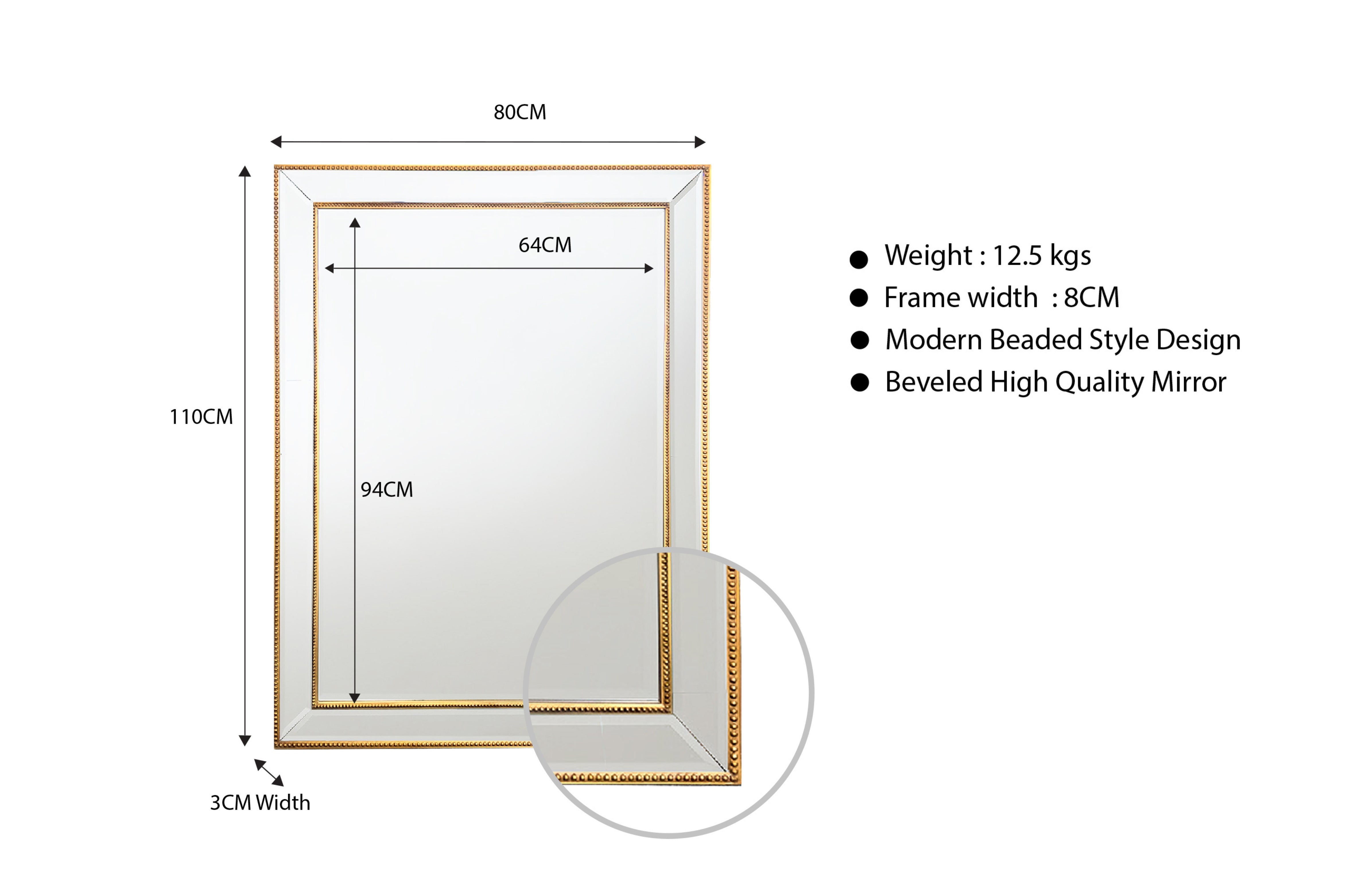 Rectangular mirror with gold beaded frame and beveled glass edge