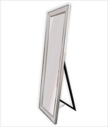 Free-standing silver beaded framed mirror with black support legs