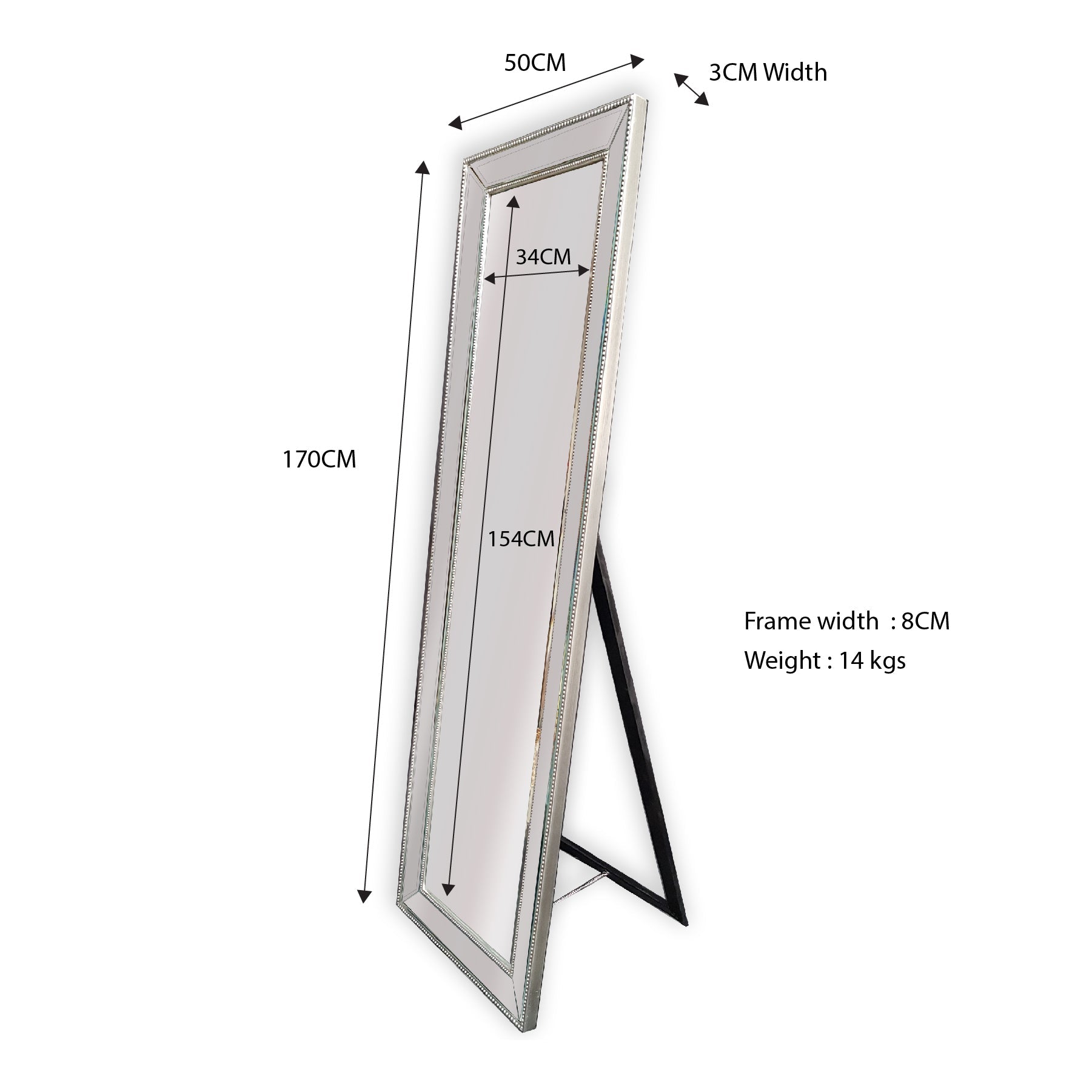 Free-standing silver beaded framed mirror in full-length view with stand