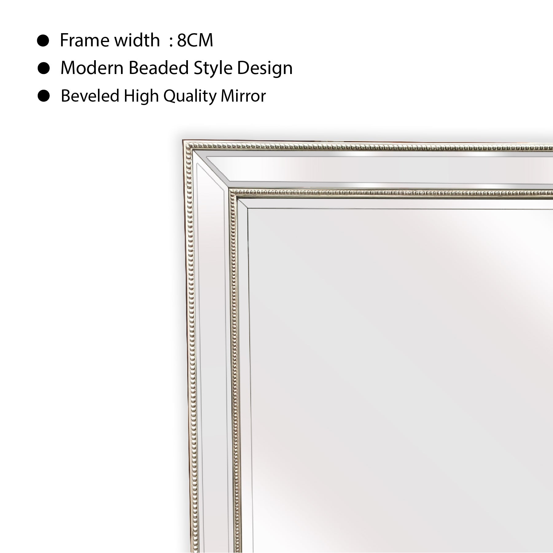 Beaded silver mirror frame with beveled inner edge