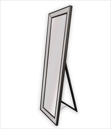 Beaded standing mirror with black frame, angled on floor stand