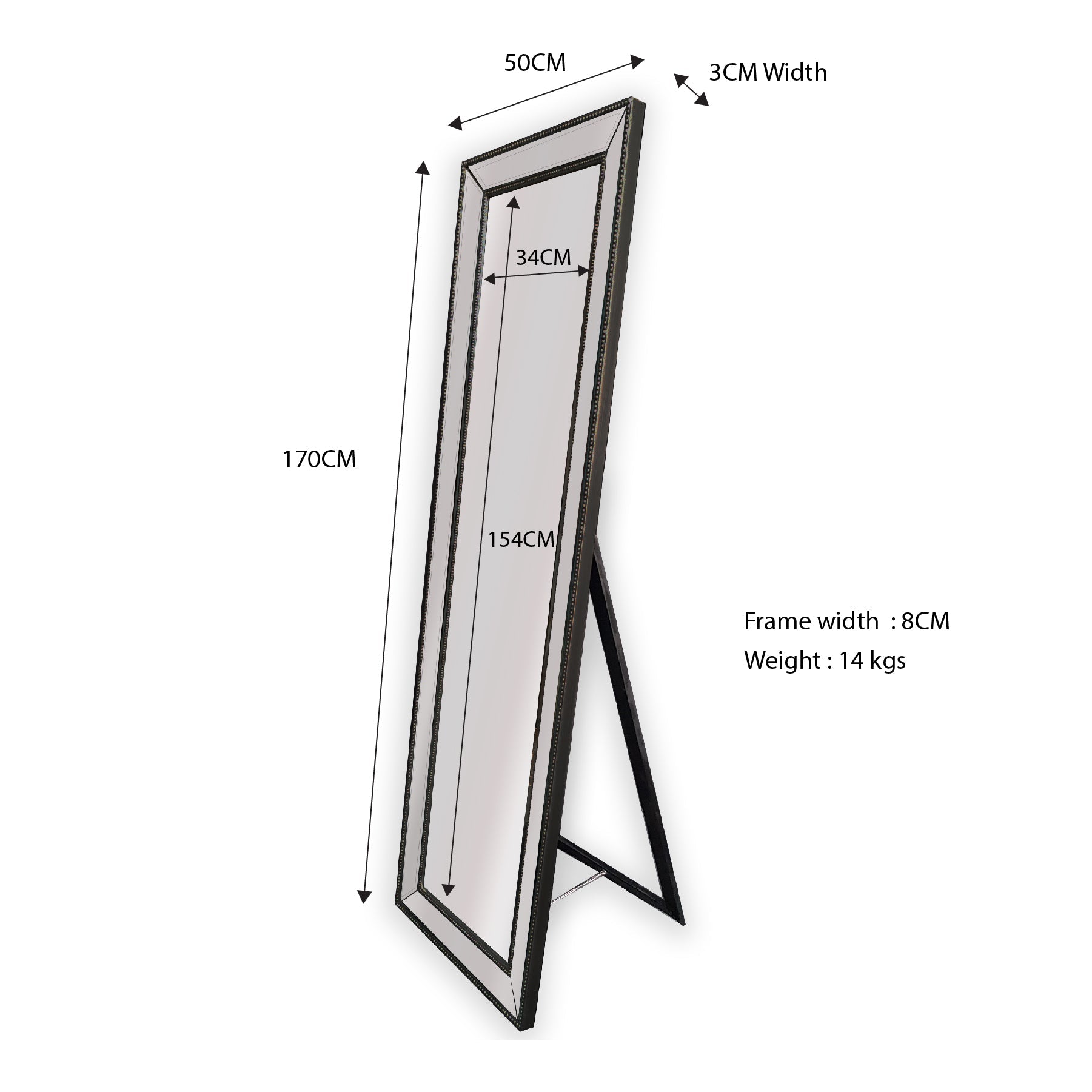 Full-length standing mirror with black beaded frame and metal stand legs