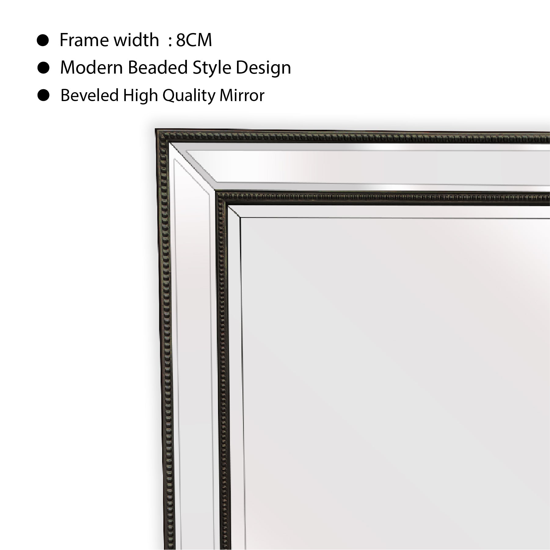 Black beaded mirror frame with beveled edge, close-up corner