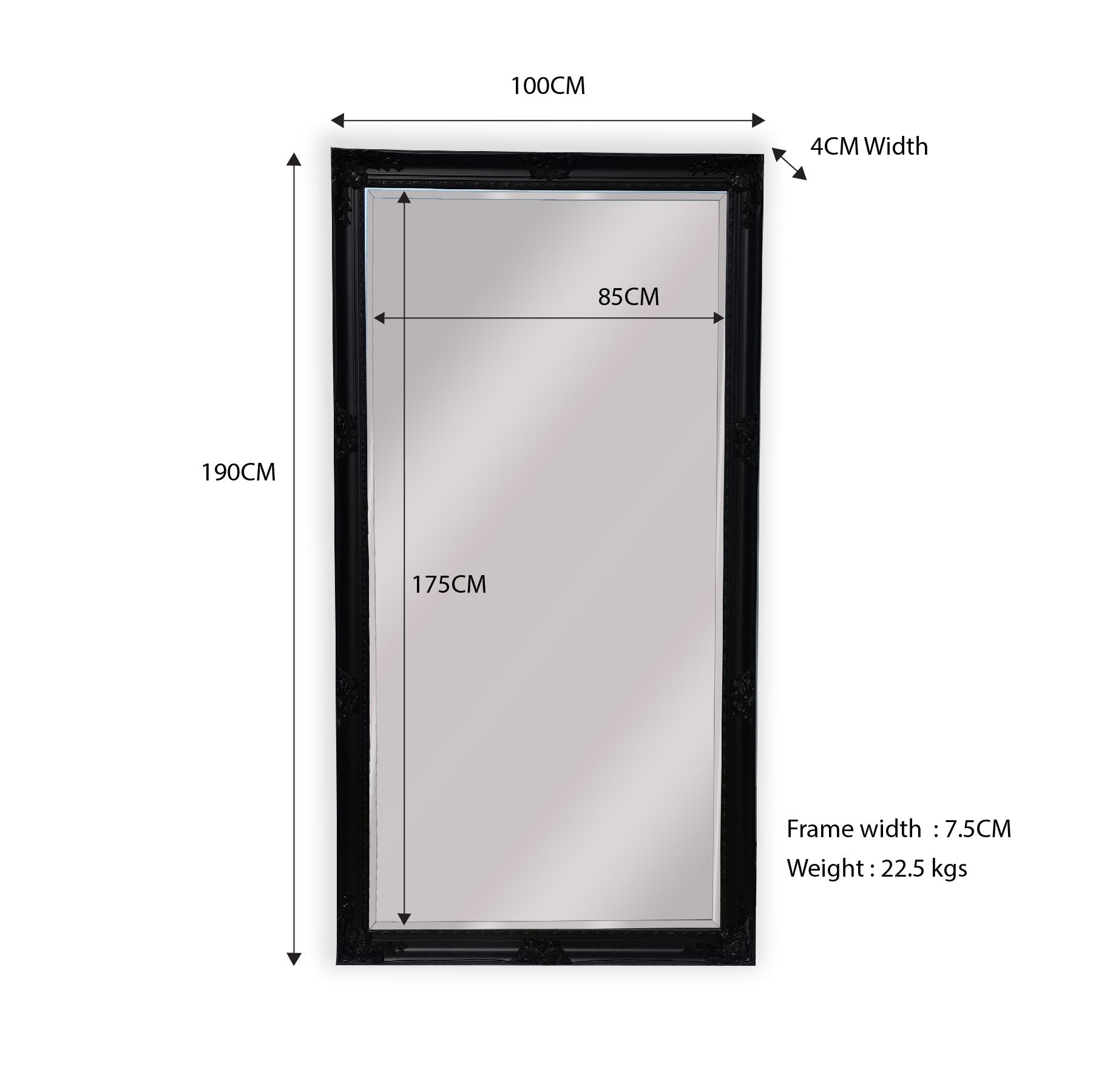 Rectangular wall mirror, 100cm x 190cm, 4cm frame width, 85cm x 175cm view