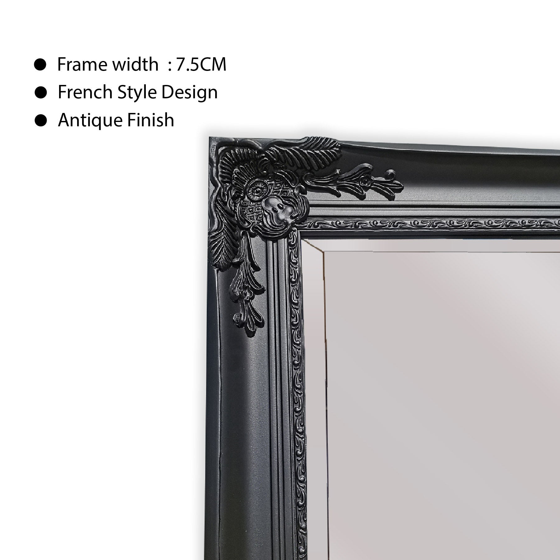Antique-finish French style mirror frame with ornate floral and scroll detail in dark black