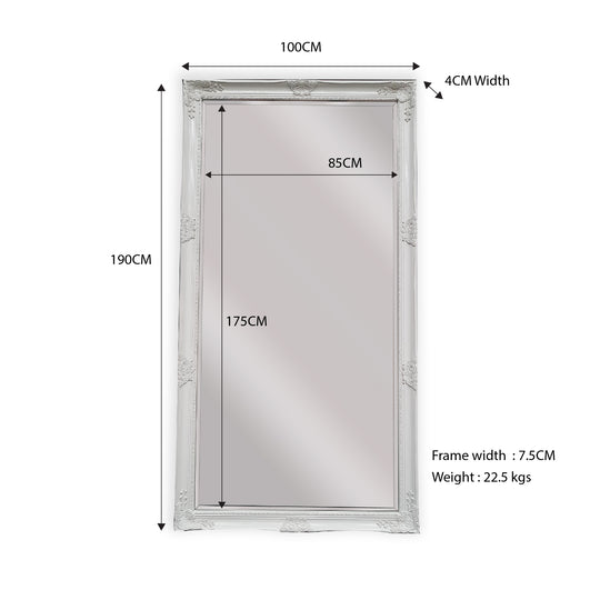 White ornate mirror with 100cm x 190cm frame and 7.5cm width