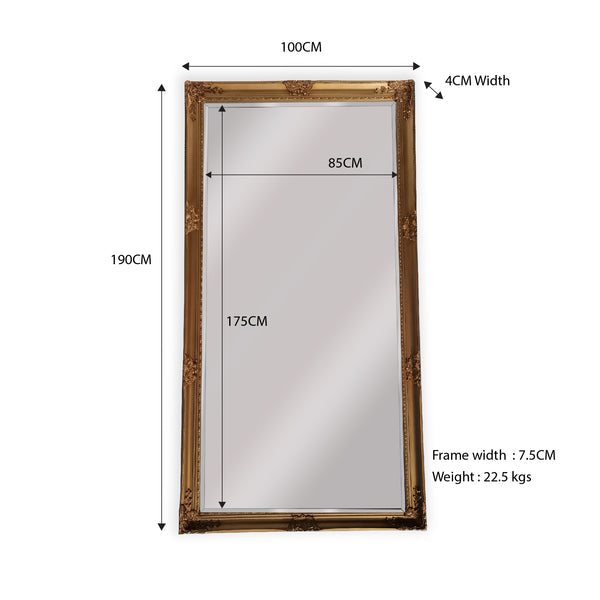 Gold ornate mirror with dimensions 100cm x 190cm and frame width 7.5cm