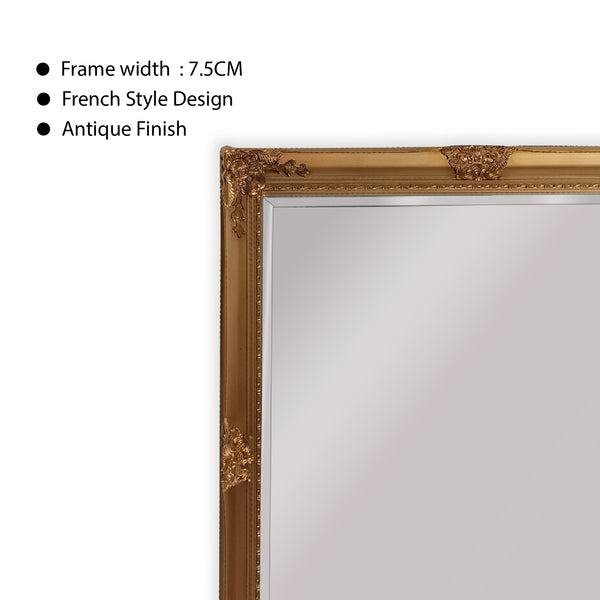Antique gold French-style mirror with carved top and 7.5cm frame width