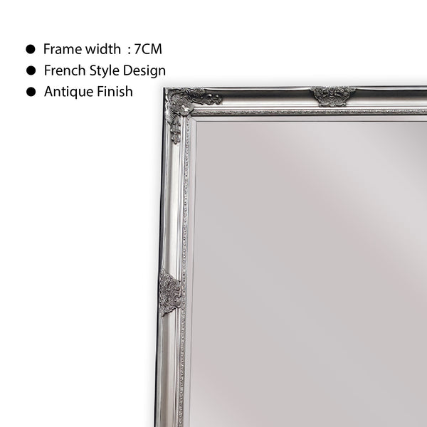 Antique silver ornate mirror frame close-up with French style design and antique finish