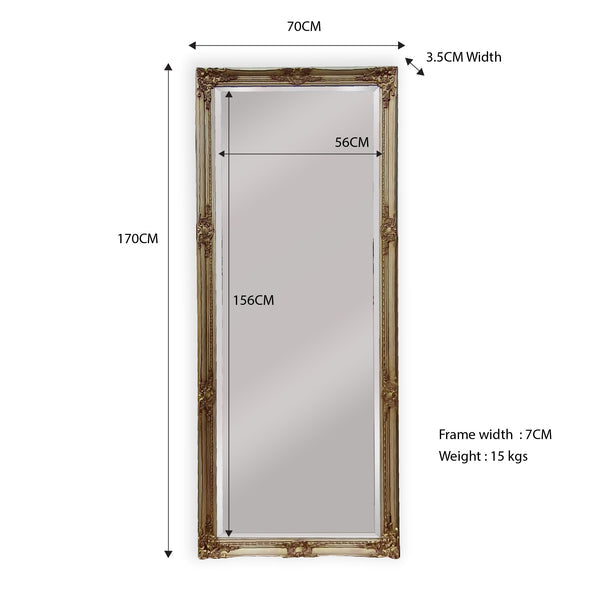 Full-length mirror dimensions: 170cm tall, 70cm wide, 7cm frame width
