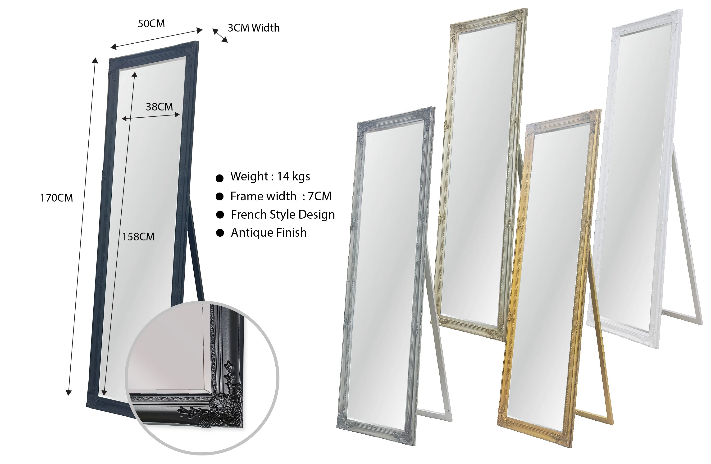 Set of freestanding accent mirrors with ornate frames in white, gold, and dark tones