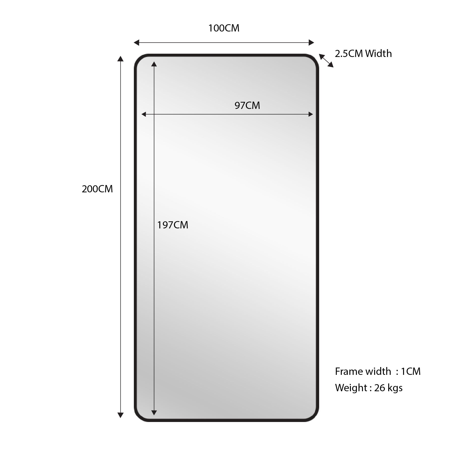 Black metal rectangle mirror, rounded corners, 100x200cm with 1cm frame width