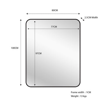 Wall mirror diagram: black metal frame, rounded rectangle, 80 x 100 cm