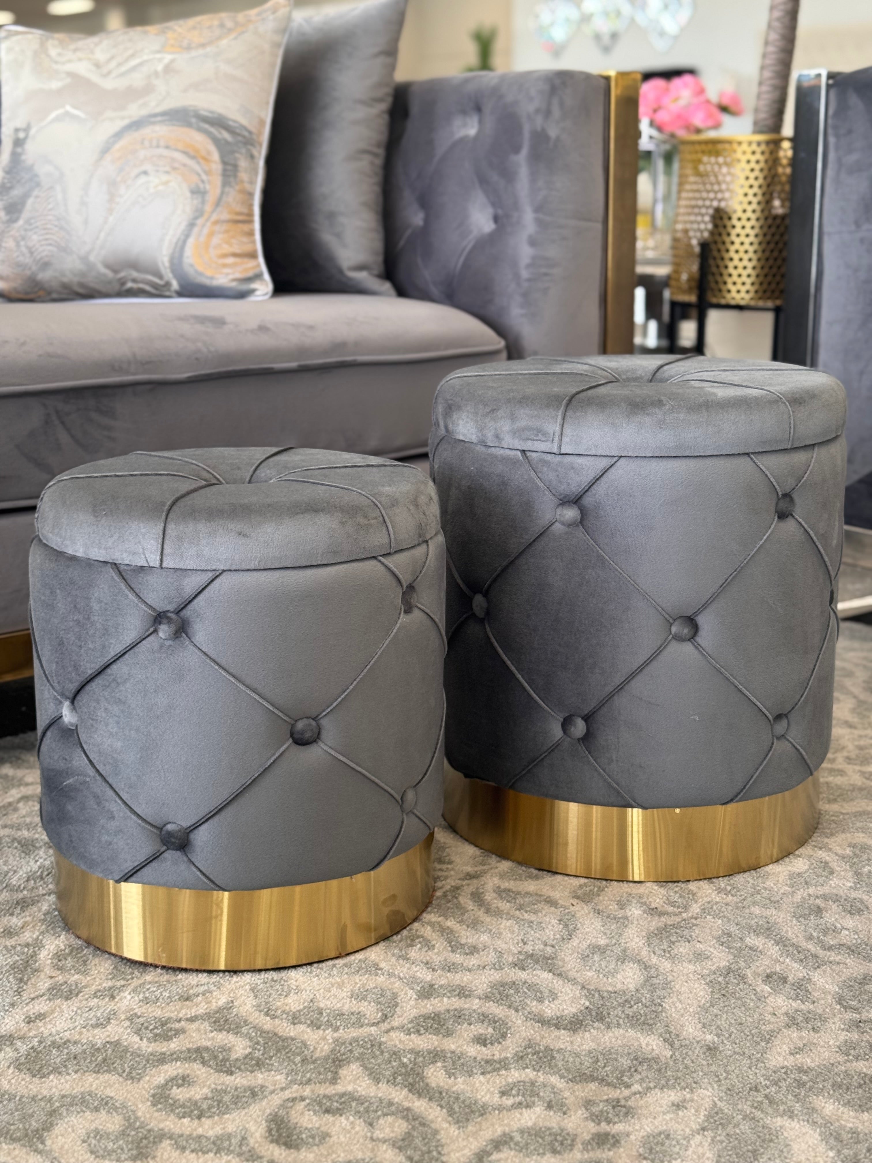 Amy Storage Foot Stools Set of 2 - Gray / Gold