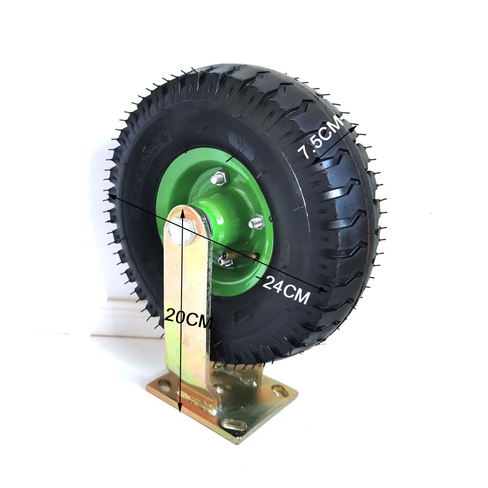 Pneumatic swivel caster wheel with green hub, black tire, and steel side mounting plate