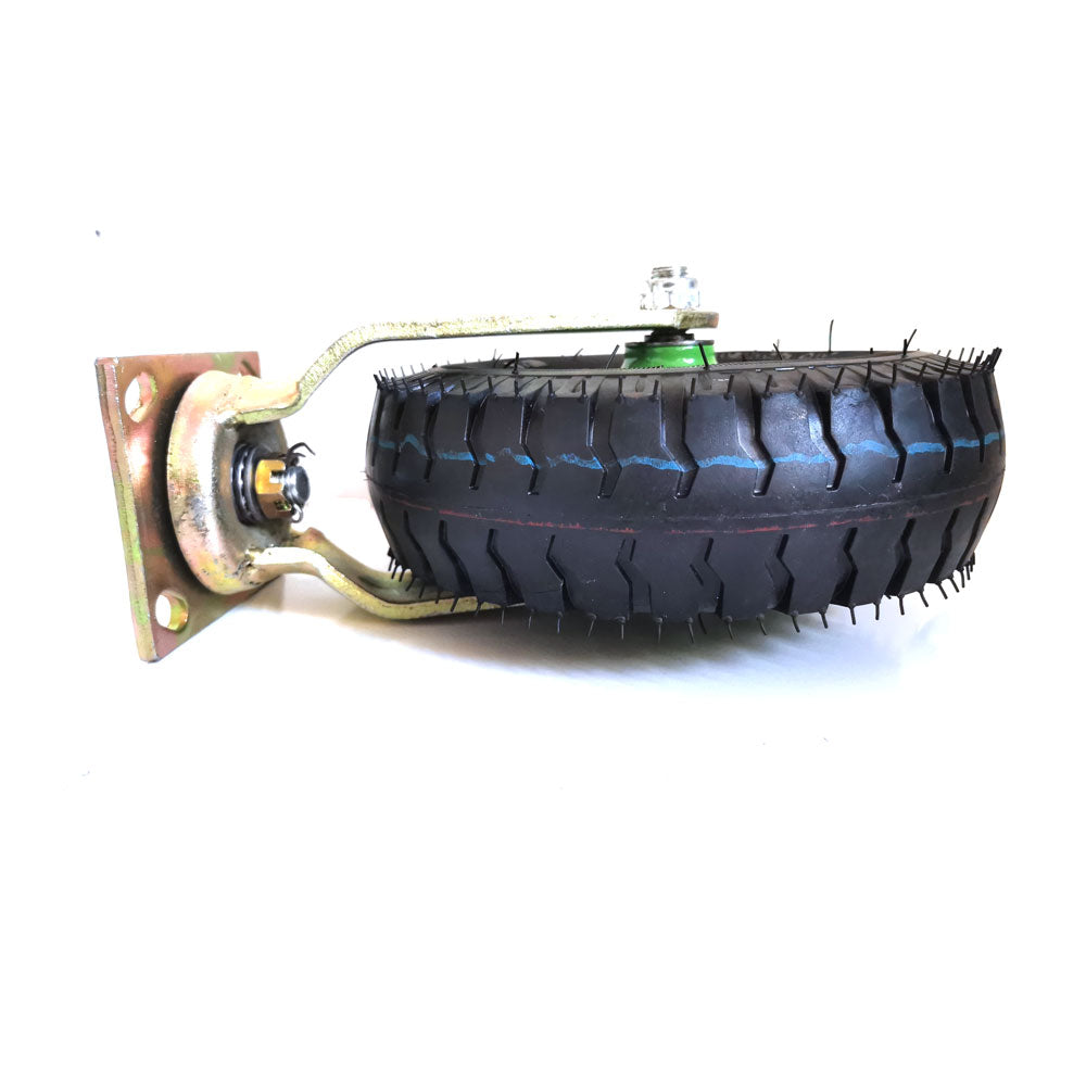 Pneumatic caster wheel in profile with black tire, green center, and steel mounting bracket