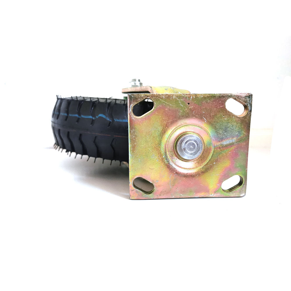 Steel mounting base for pneumatic caster with circular bearing and bolt holes