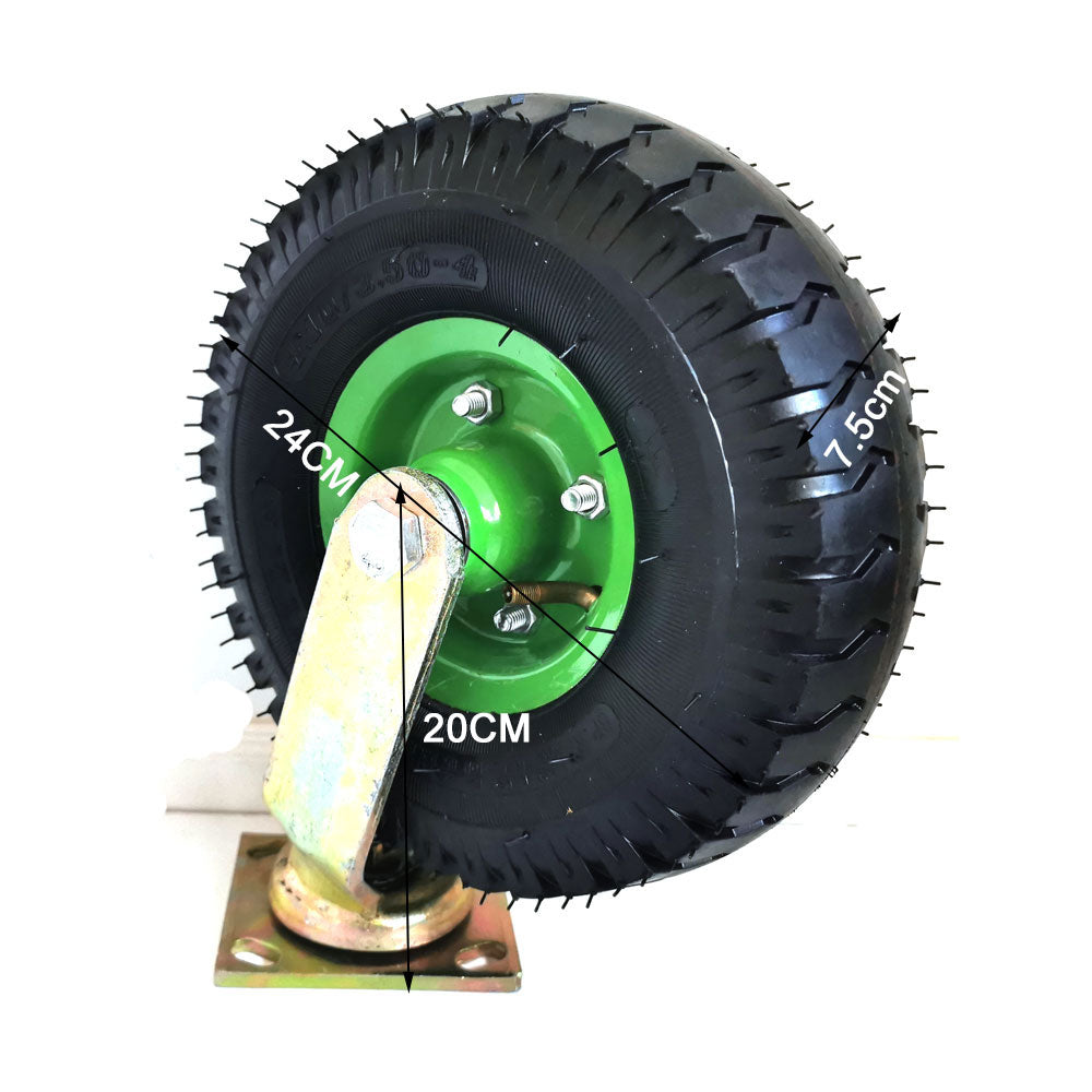 Pneumatic swivel caster wheel with green hub, black tire tread, and steel mounting frame