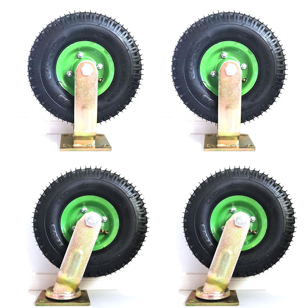 Pneumatic swivel caster wheels set with green hubs, black tires, and steel mounting brackets