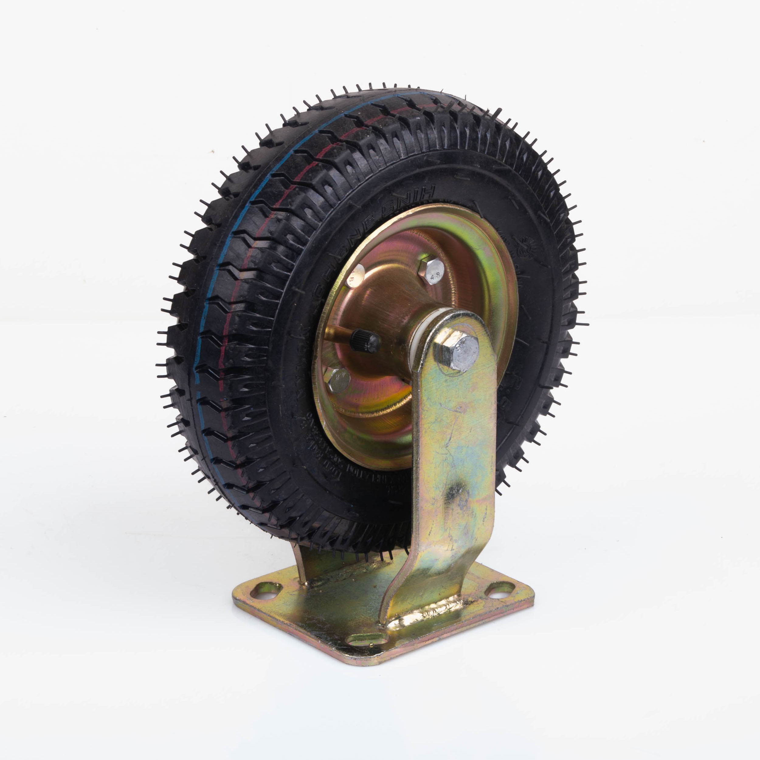 Pneumatic trolley caster wheel with deep tread and fixed steel mounting frame