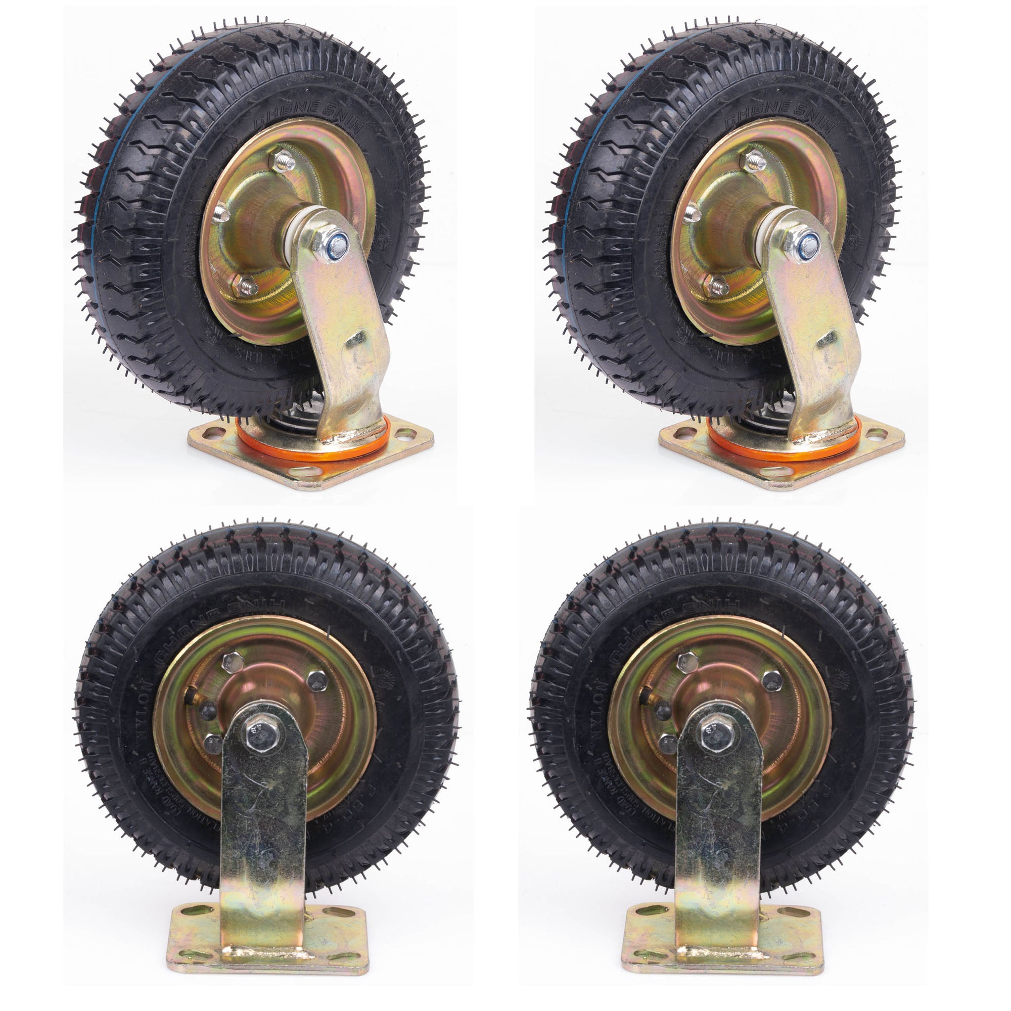 Pneumatic caster wheel with black tread tire and swivel mounting plate