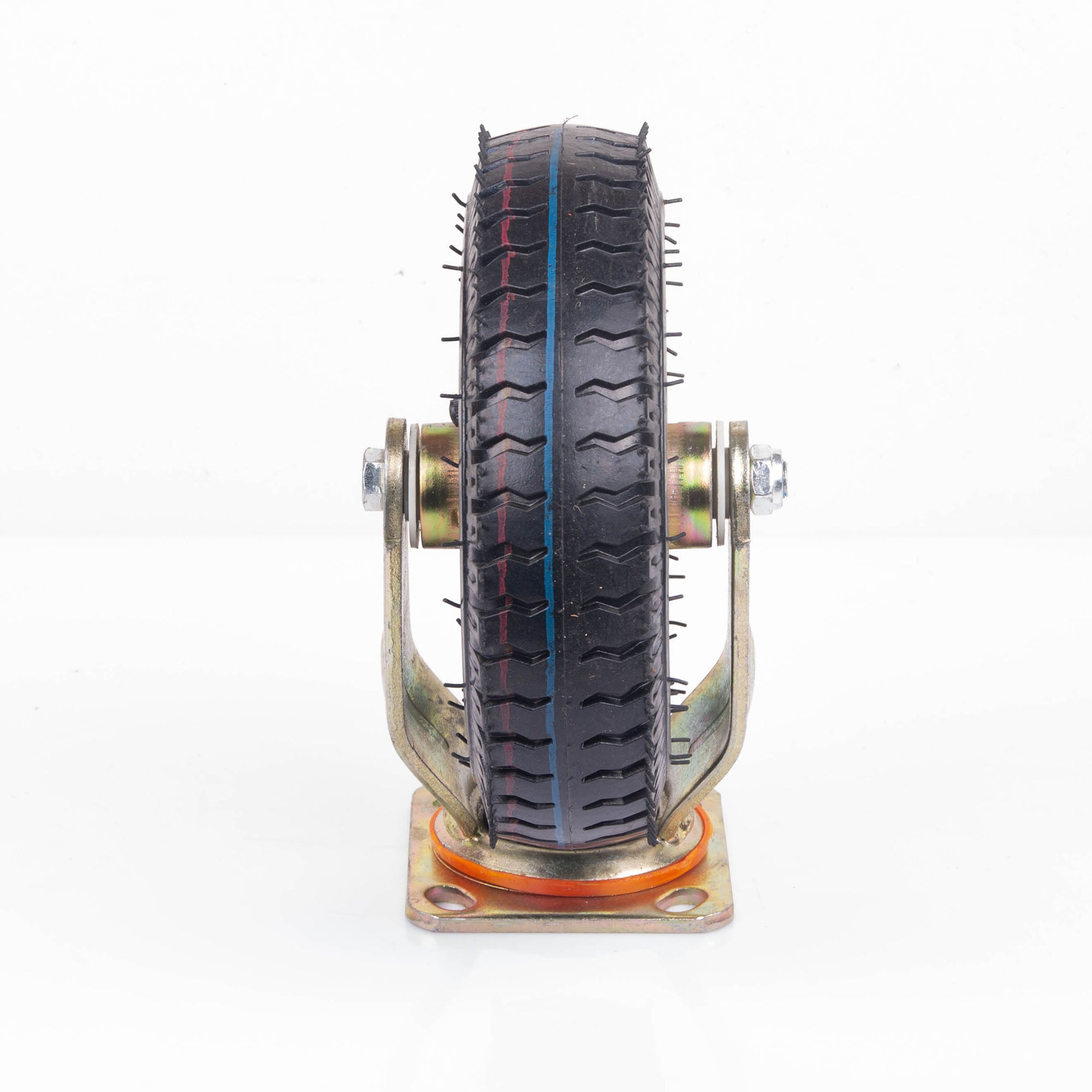 Pneumatic caster wheel with black tread tire and fixed mounting frame