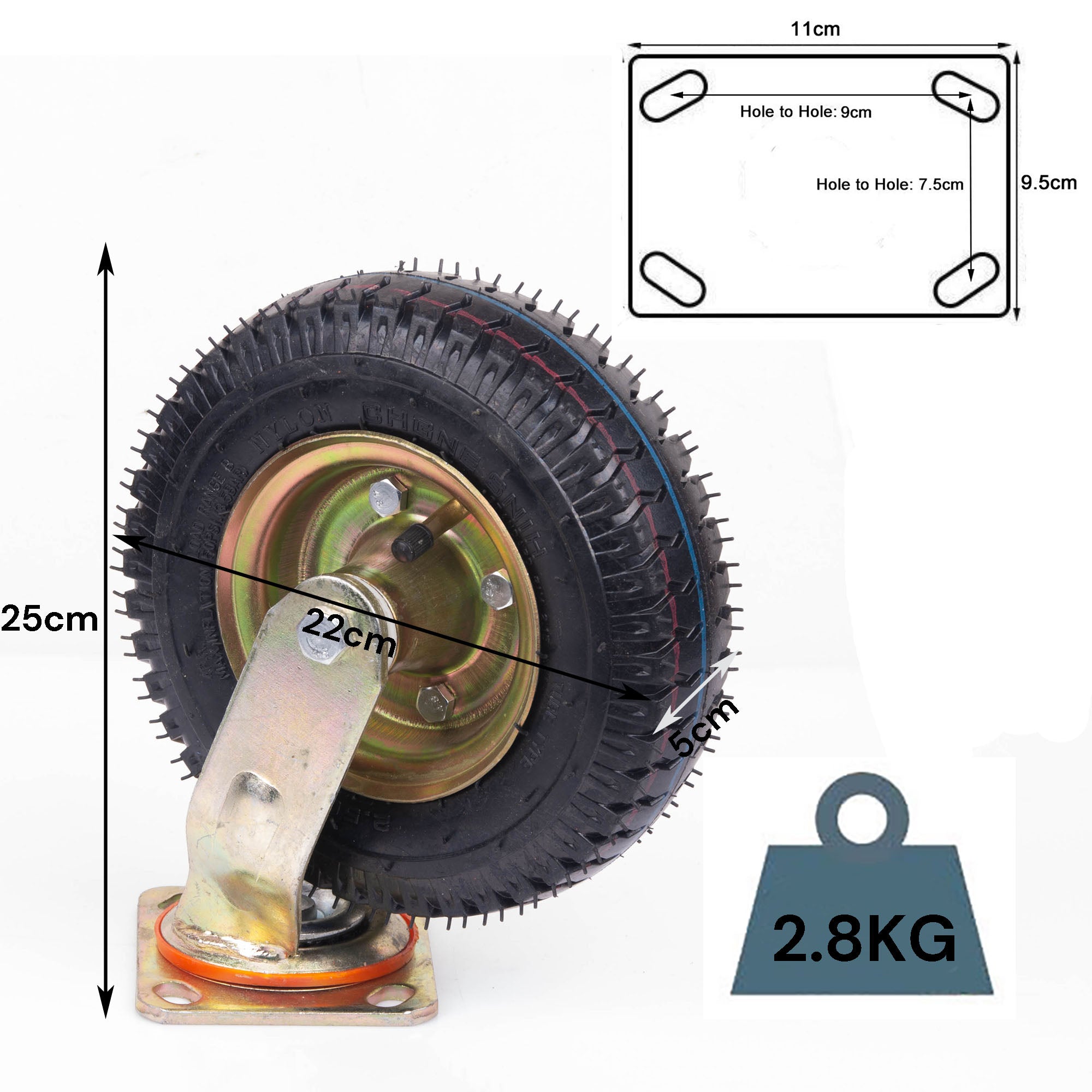 Pneumatic caster wheel with black tread tire and metal bracket mount