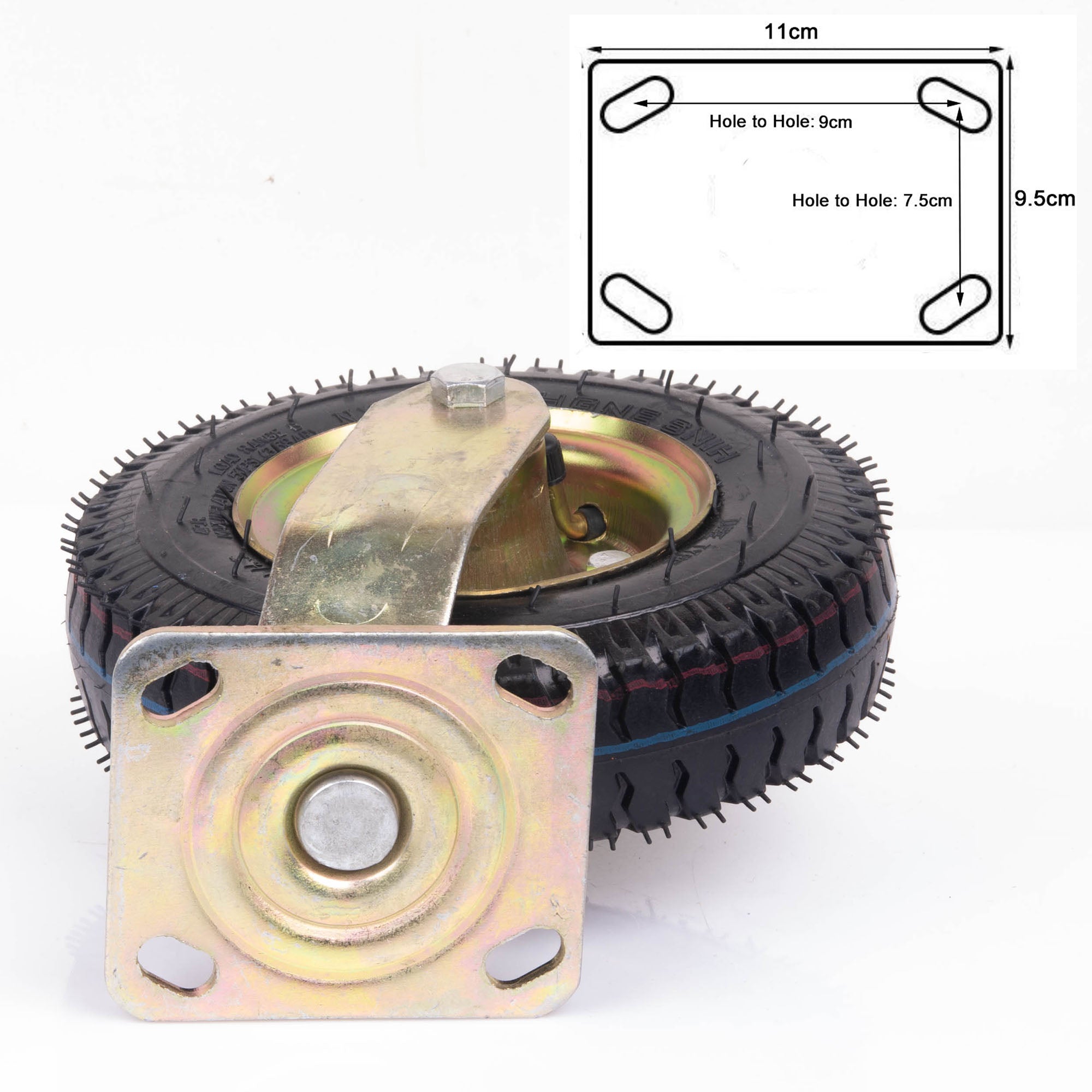 Pneumatic caster wheel with black tread tire and square metal mounting block