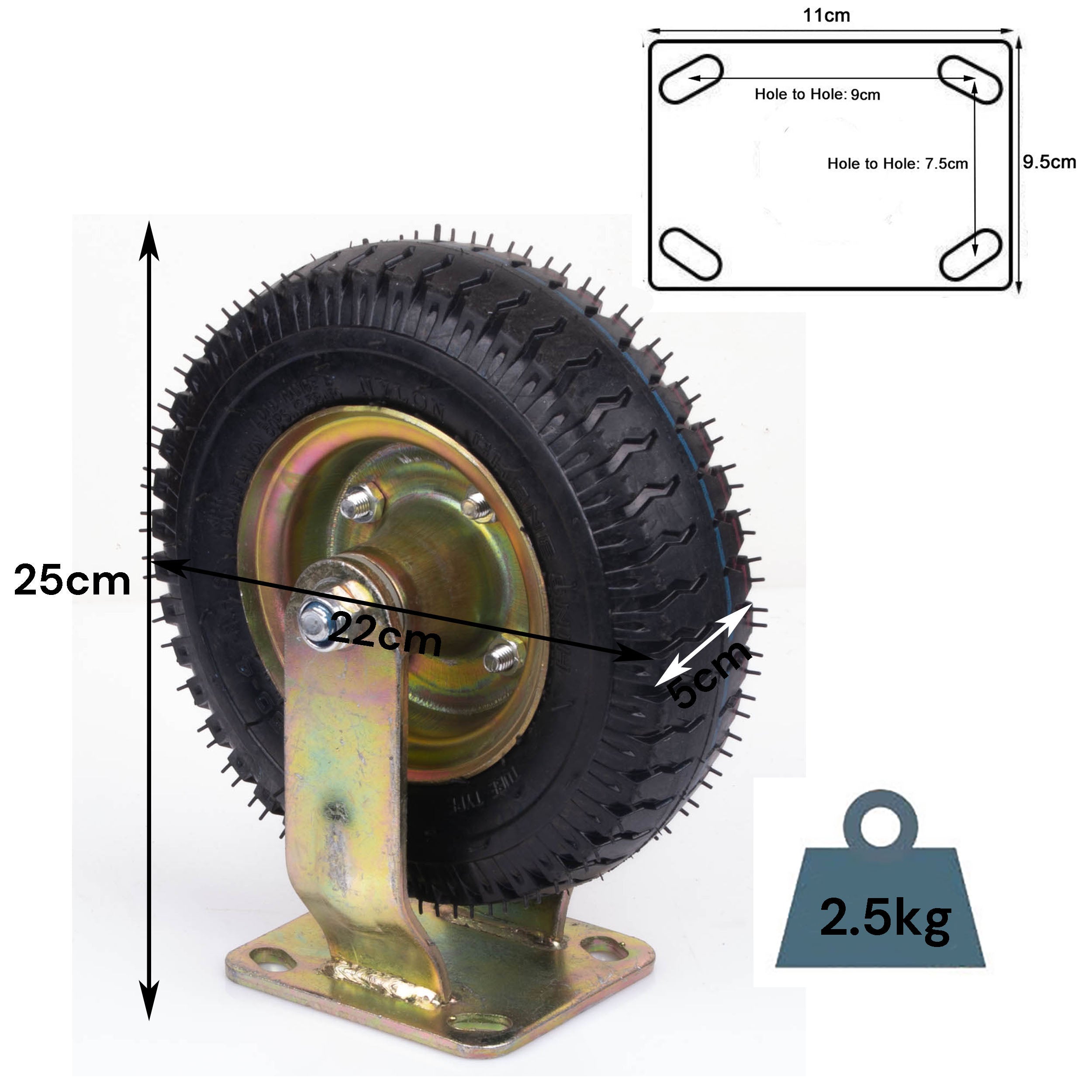 Pneumatic caster wheel with black tread tire and angled metal mounting plate