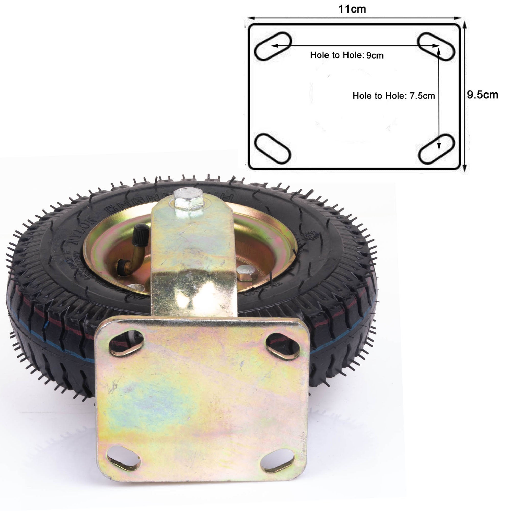 Pneumatic caster wheel with black tread tire and large square mounting plate