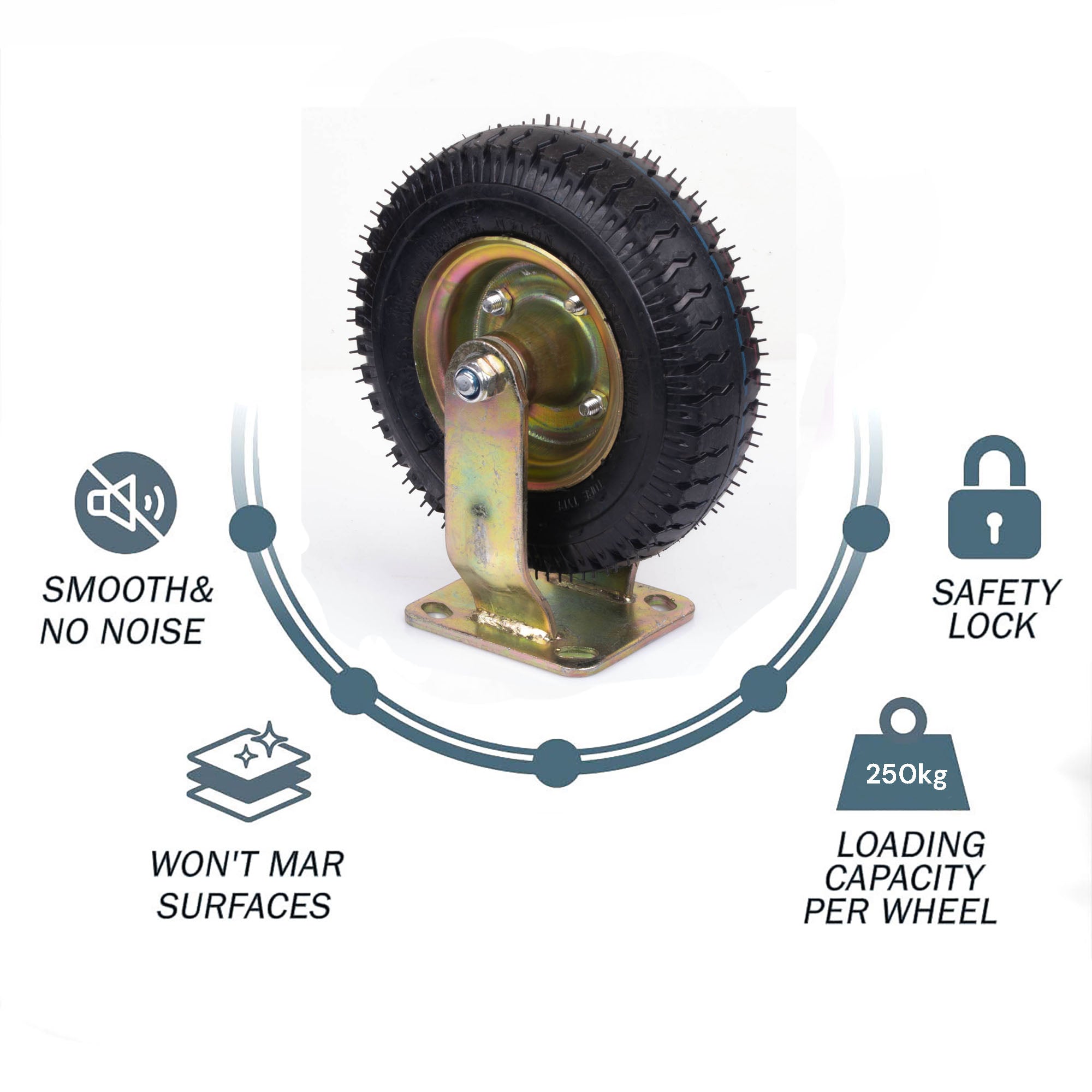 Swivel pneumatic caster wheel with black tread tire and gold hub mounting