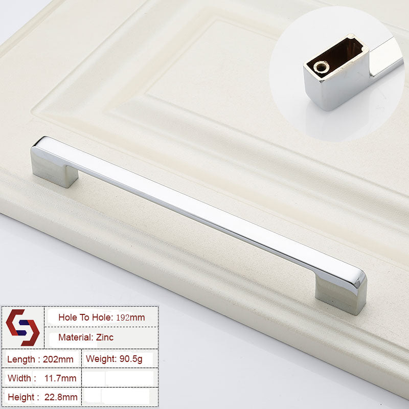 Zinc bar drawer pull handle, silver, rectangular ends, hole-to-hole 192mm