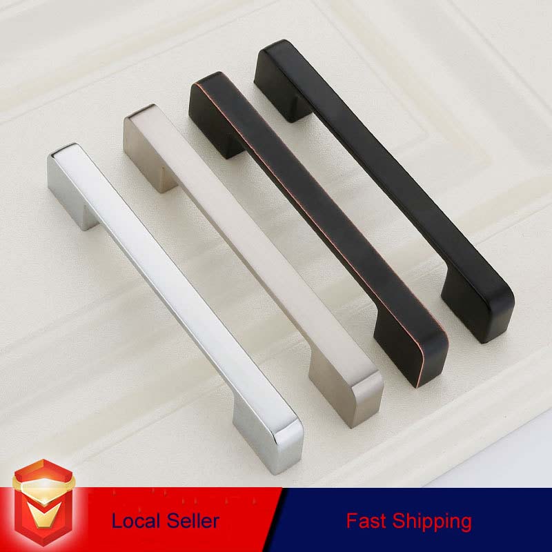 Kitchen drawer bar handles set, silver and black, rectangular grip, squared ends