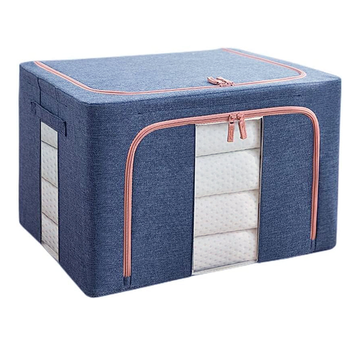 Navy blue fabric storage cube with zippered top opening and coral trim handles