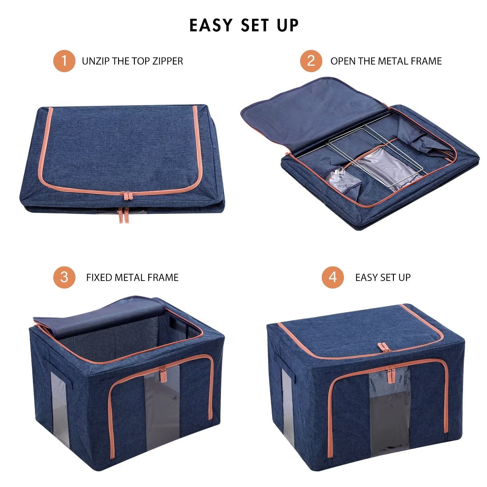 Collapsible fabric storage organizer with zip openings and metal frame, blue with coral trim