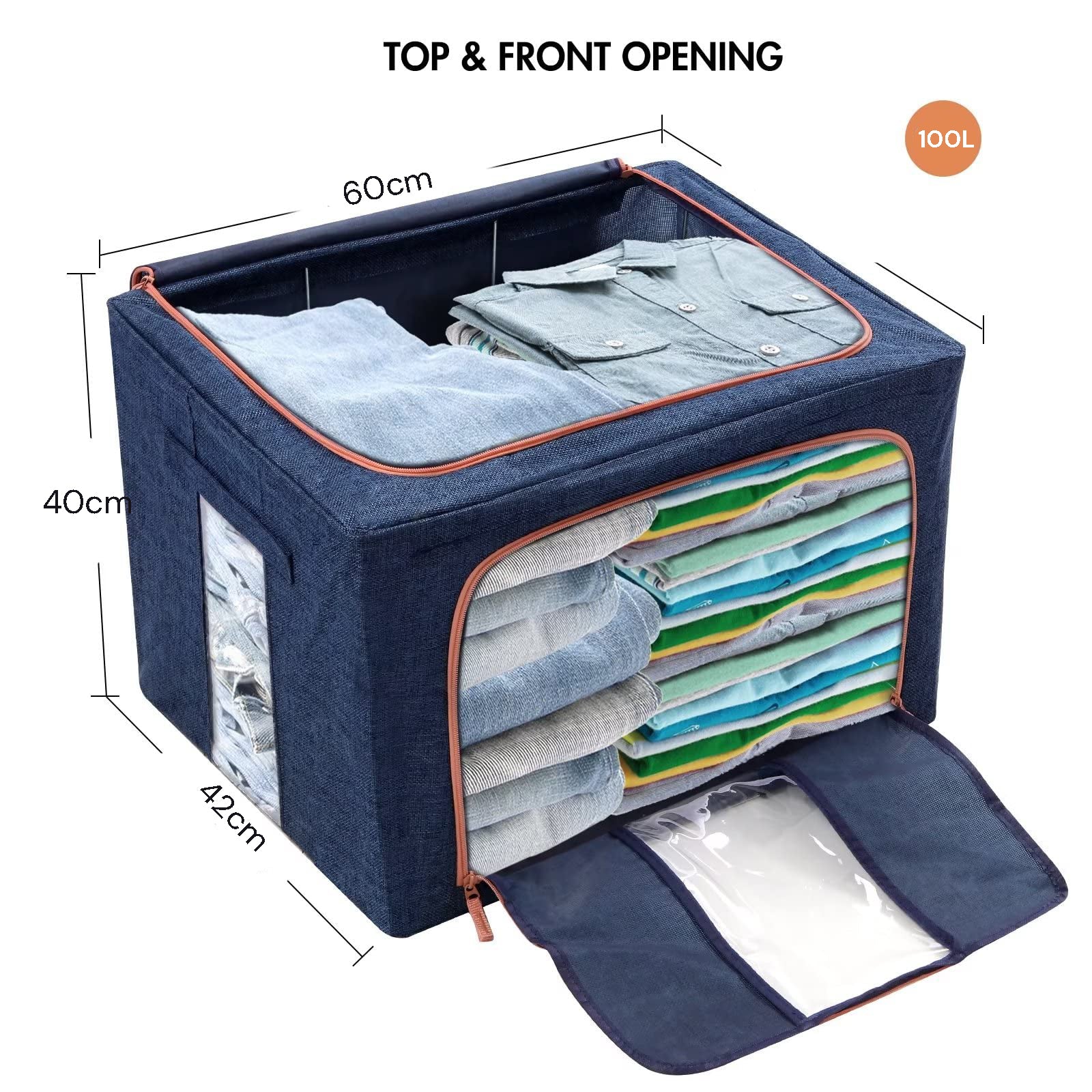 Blue fabric closet organizer cube with top and front zip openings for folded clothes