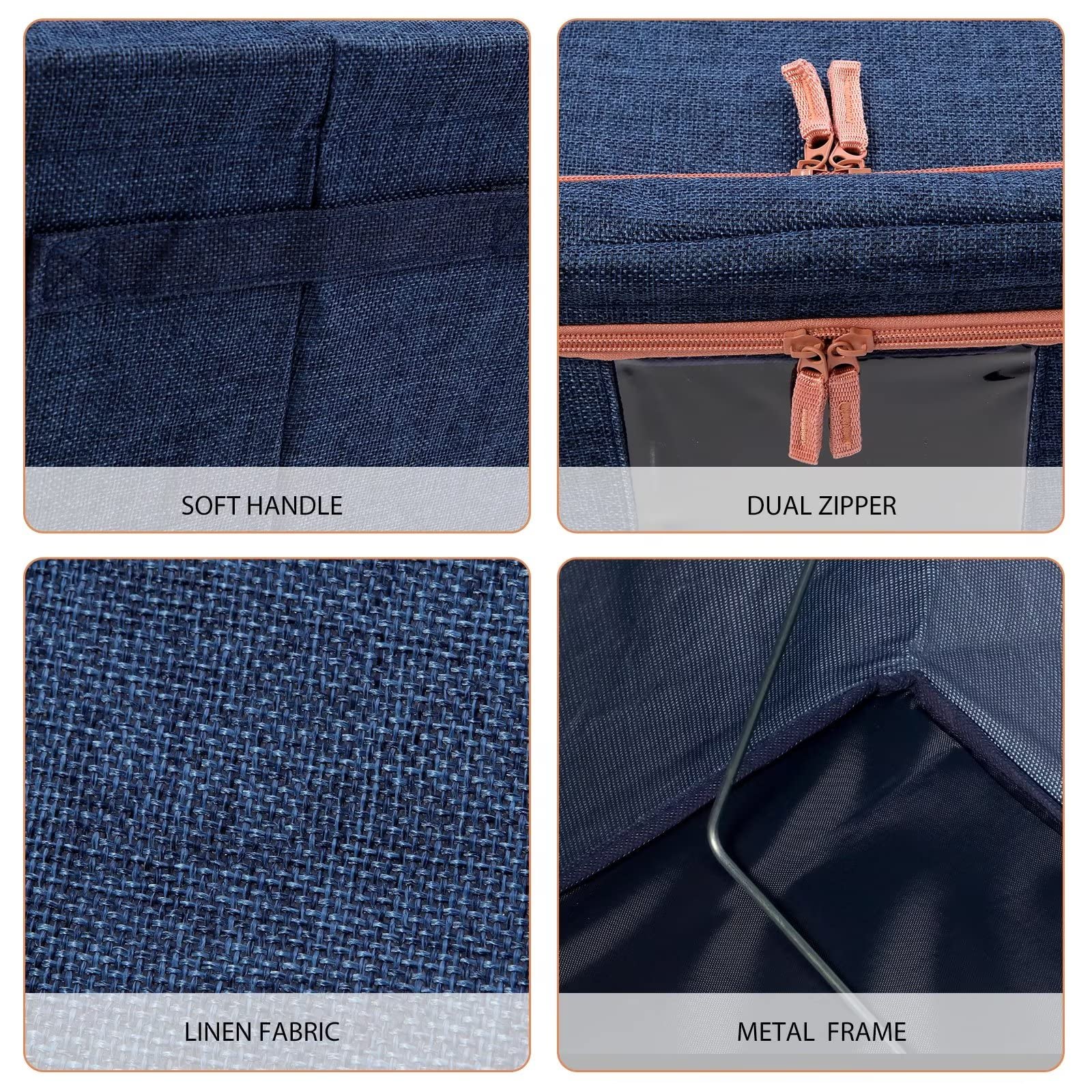 Blue fabric storage box with linen weave, dual zippers, and metal frame support