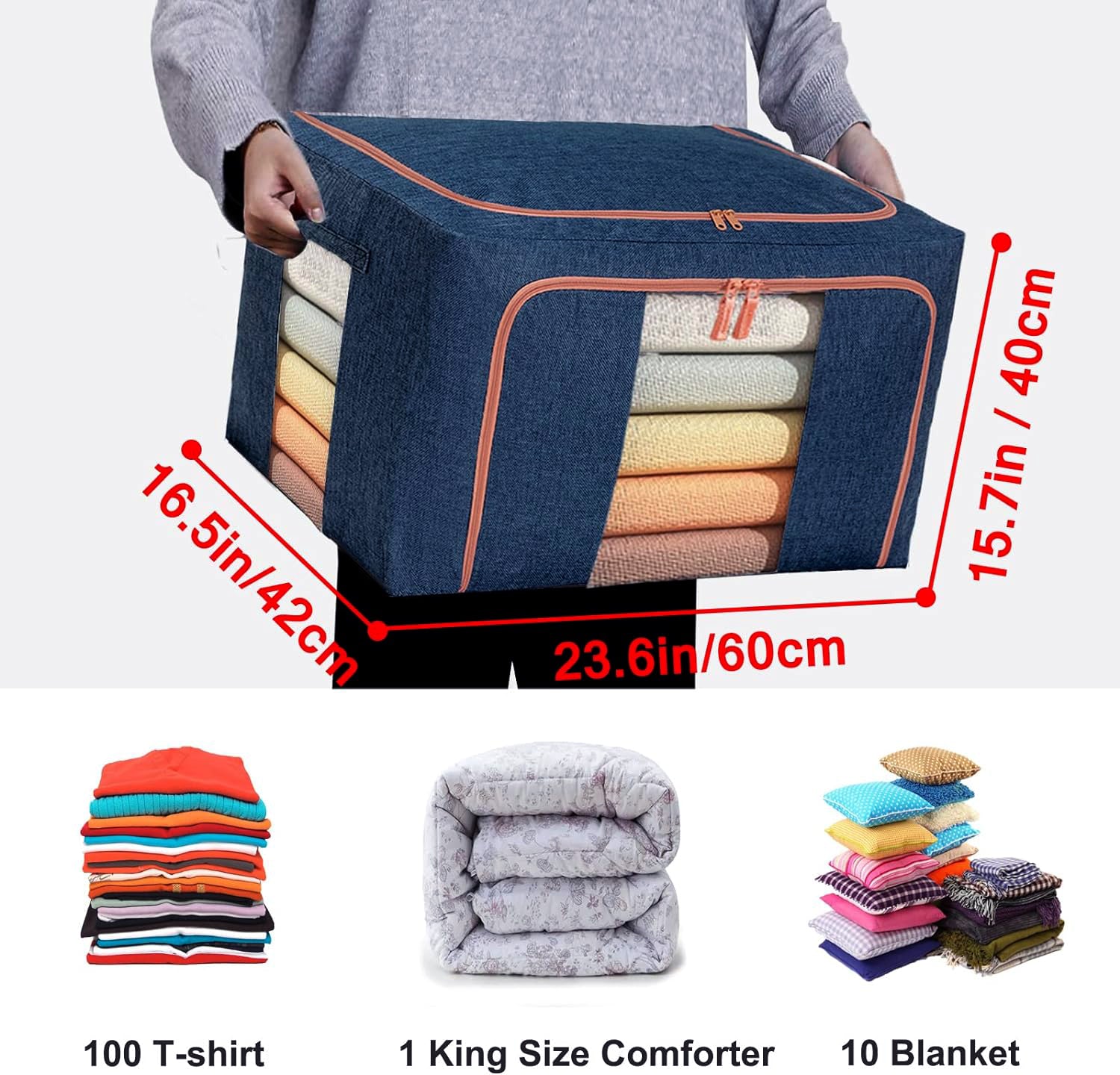 Blue fabric storage cube with front zip window, coral piping, 60cm size