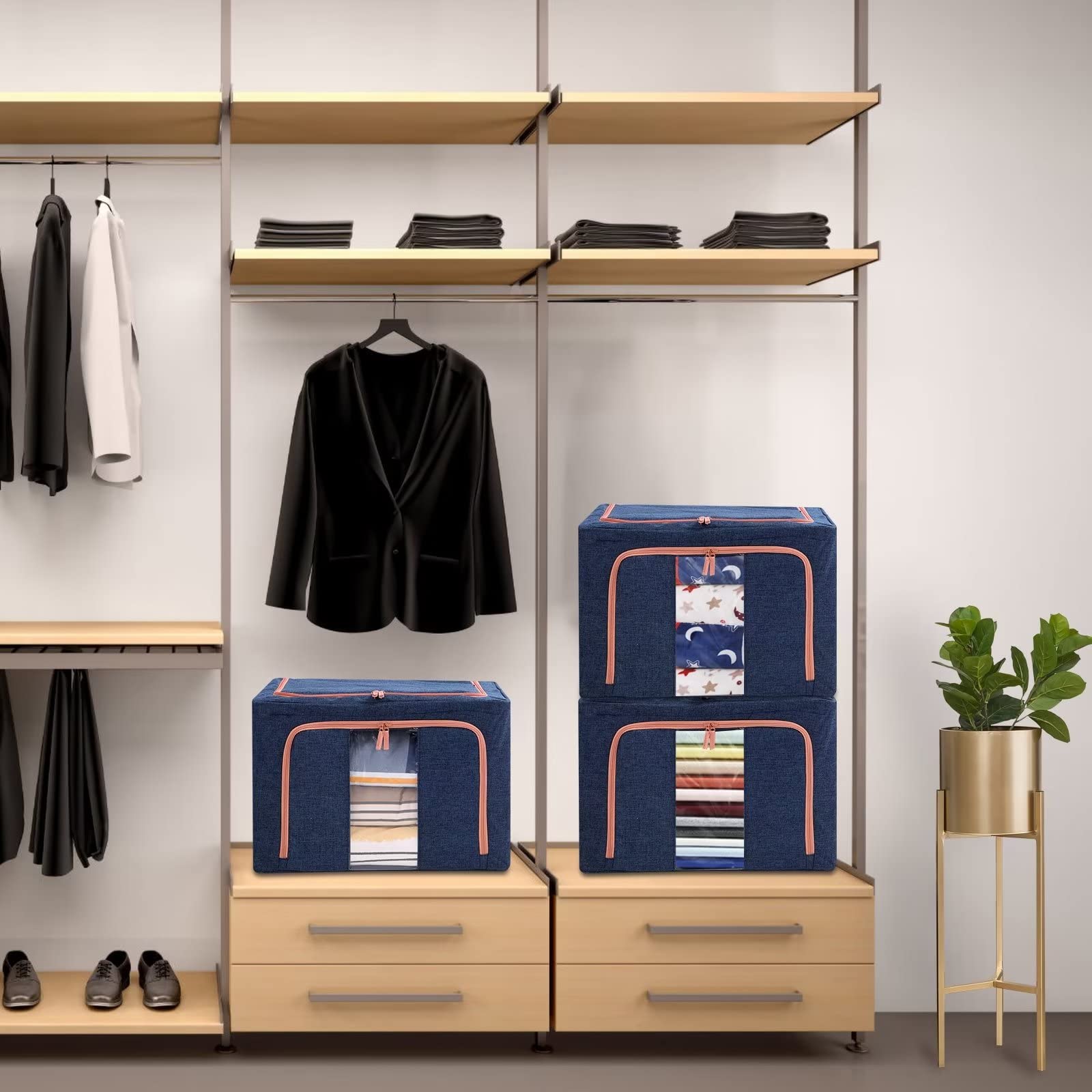 Pair of blue fabric storage cubes on wardrobe shelves with zip-front openings