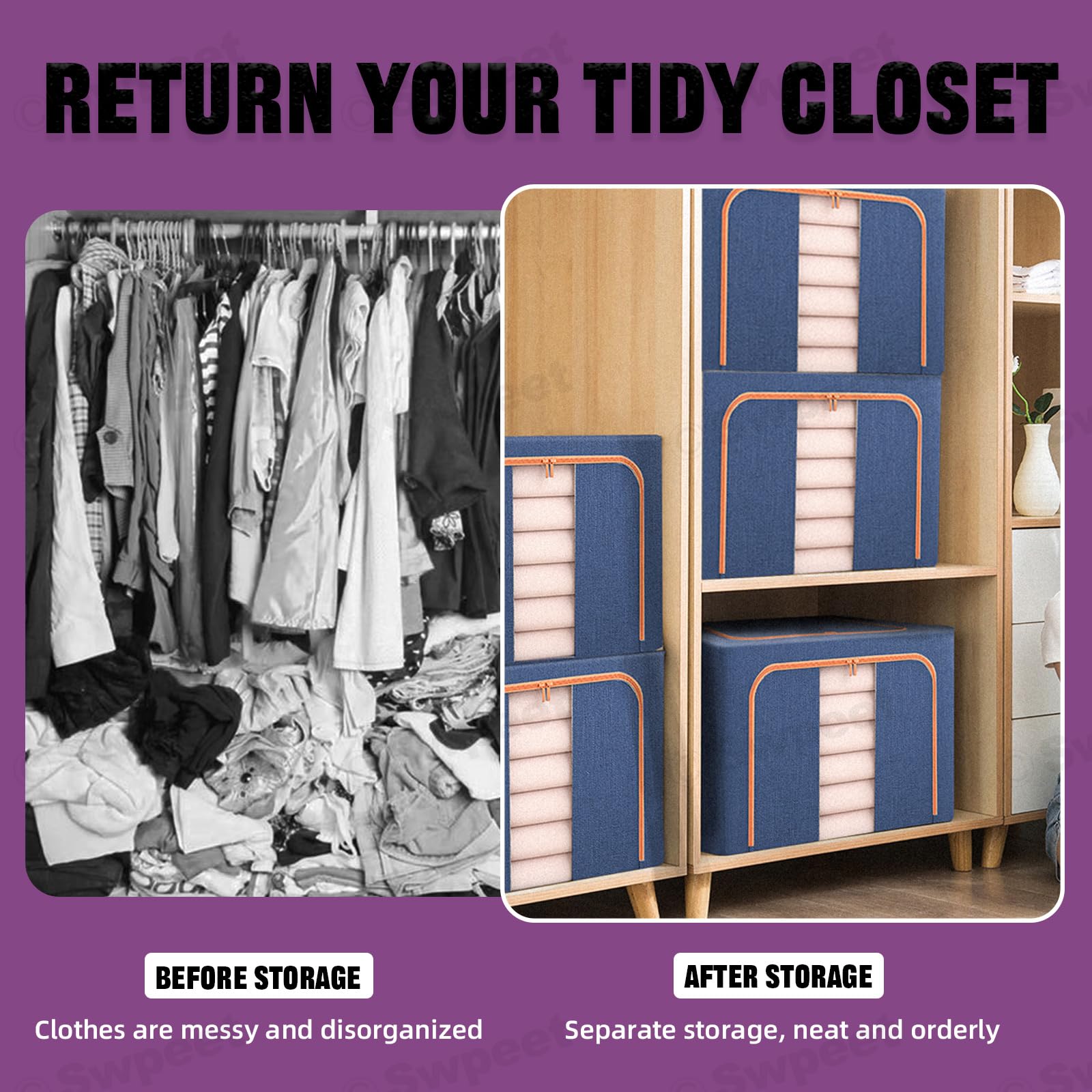 Blue fabric storage cubes with open front sections for organized closet storage