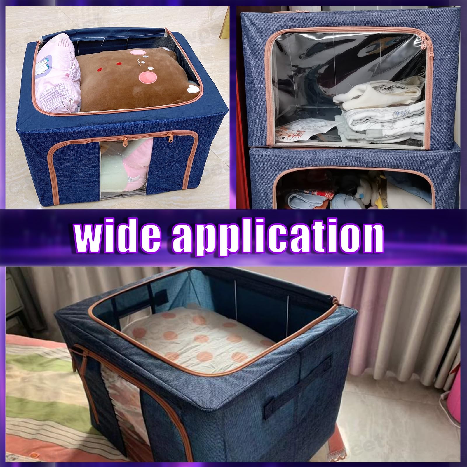 Blue fabric storage cube with clear window and zip-top opening for bedding or clothes