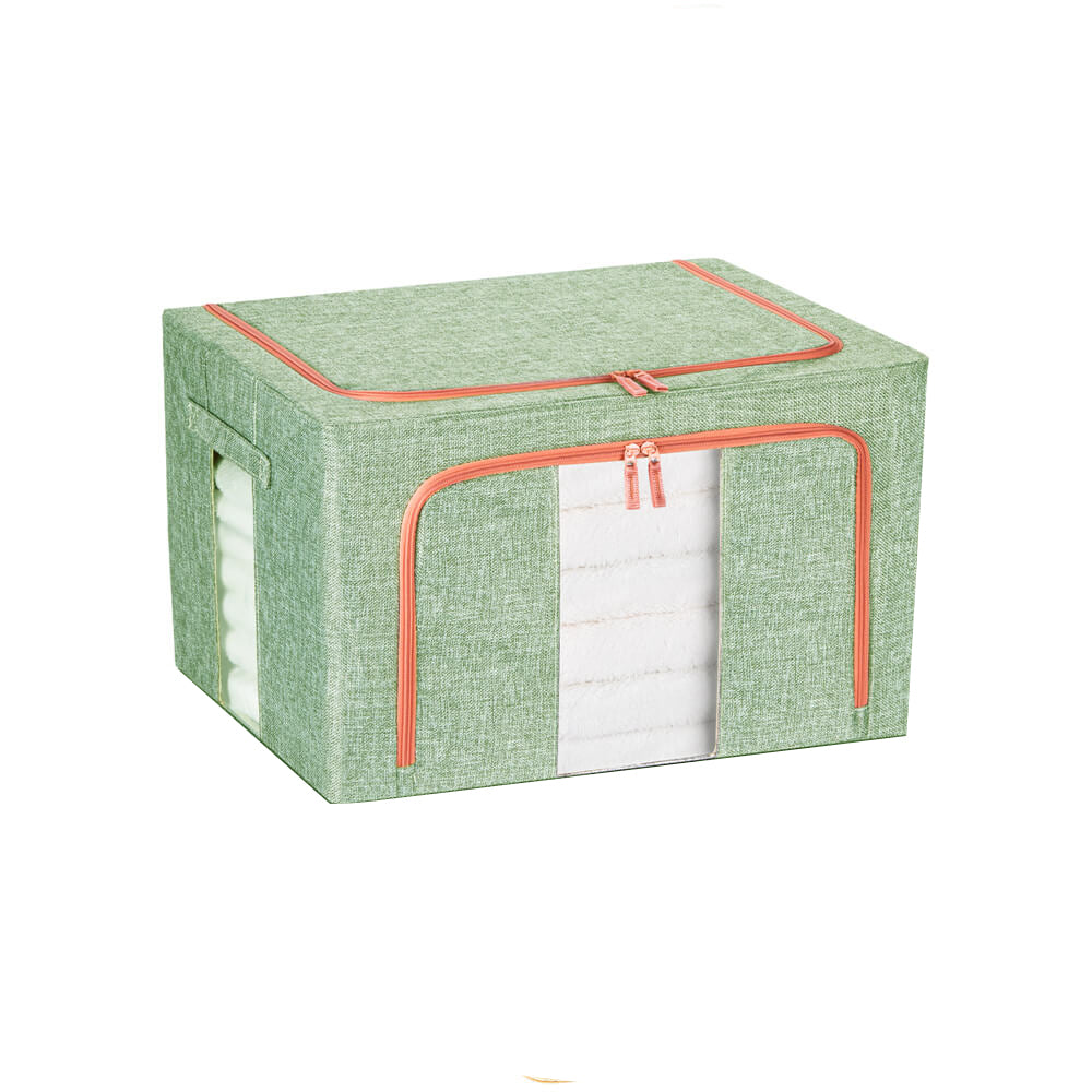 Green cloth storage box with zippered top and front mesh window panel