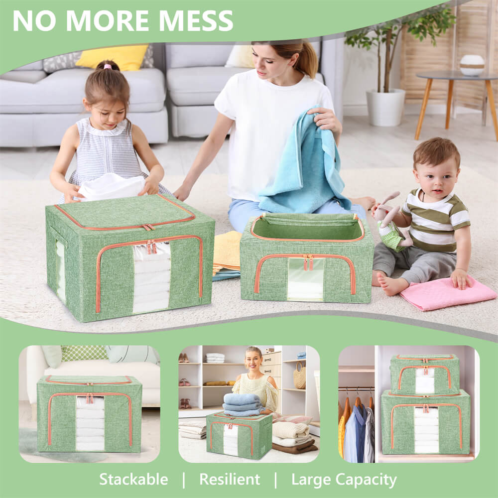 Stackable green cloth storage box with two front access openings and clear window