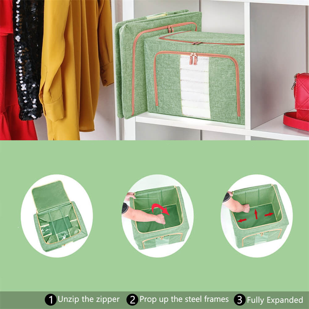 Green wardrobe storage box with reinforced handles and zippered front window compartments