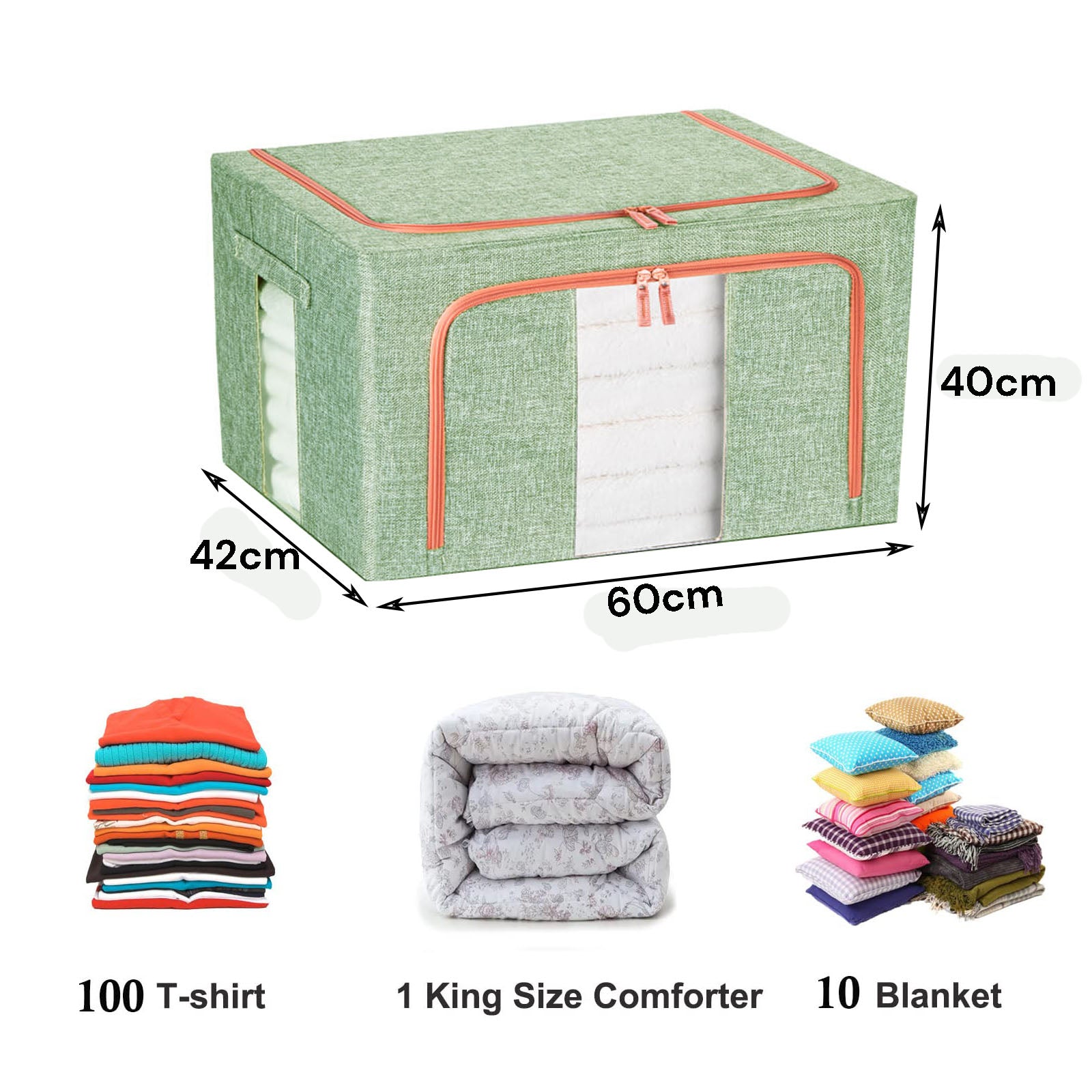 Green fabric storage box with zippered front window and stitched size dimensions