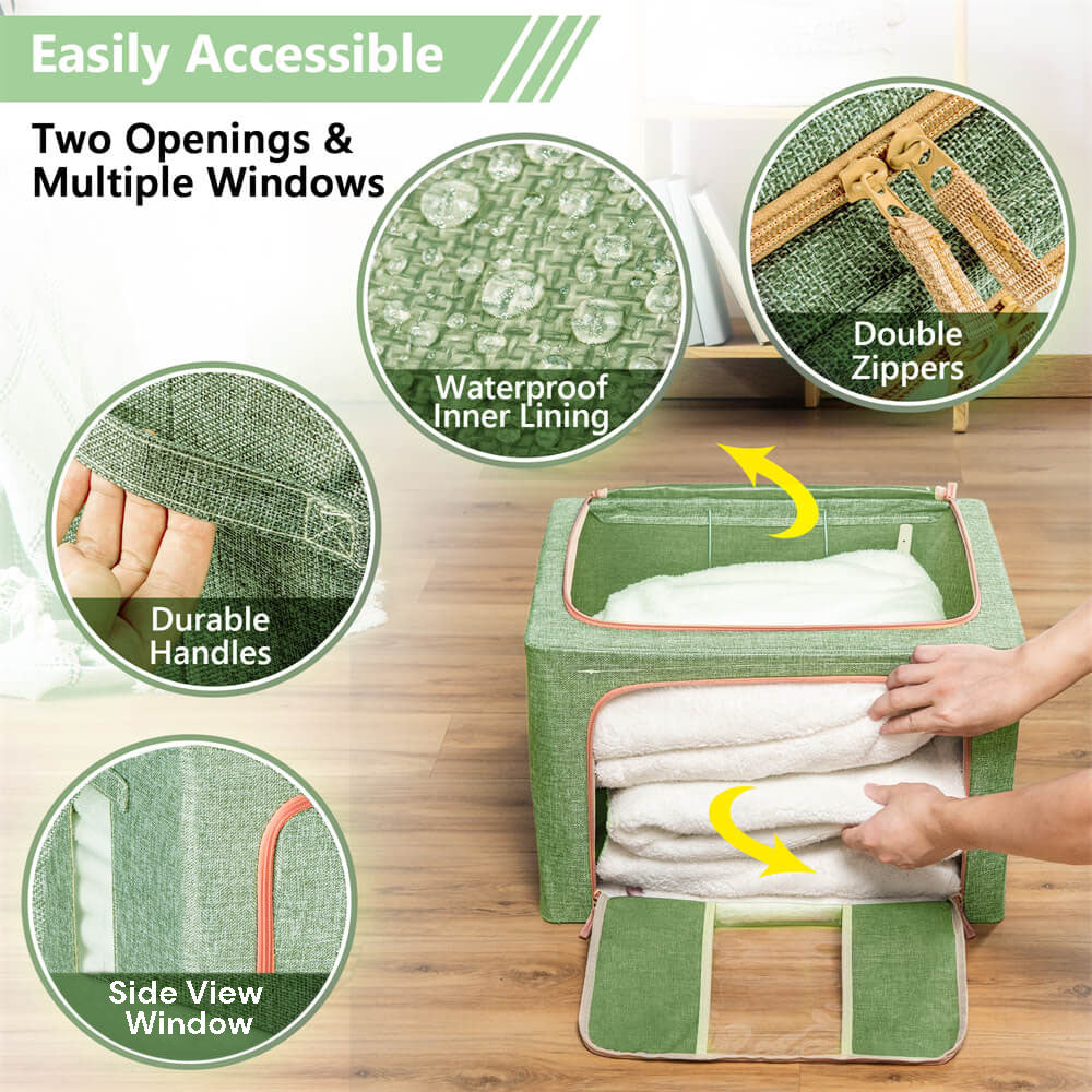 Green cloth storage box with dual zippers, side window, and double opening design