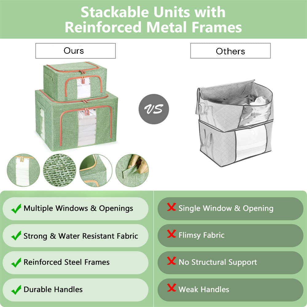 Green stackable cloth storage box with reinforced metal frames and zippered openings