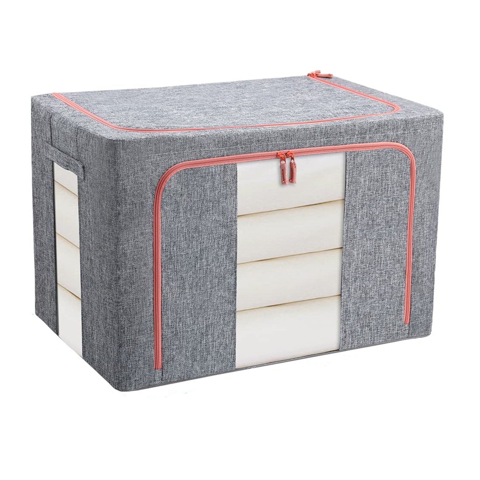 Grey fabric storage box with front zip opening and clear window panel, orange trim