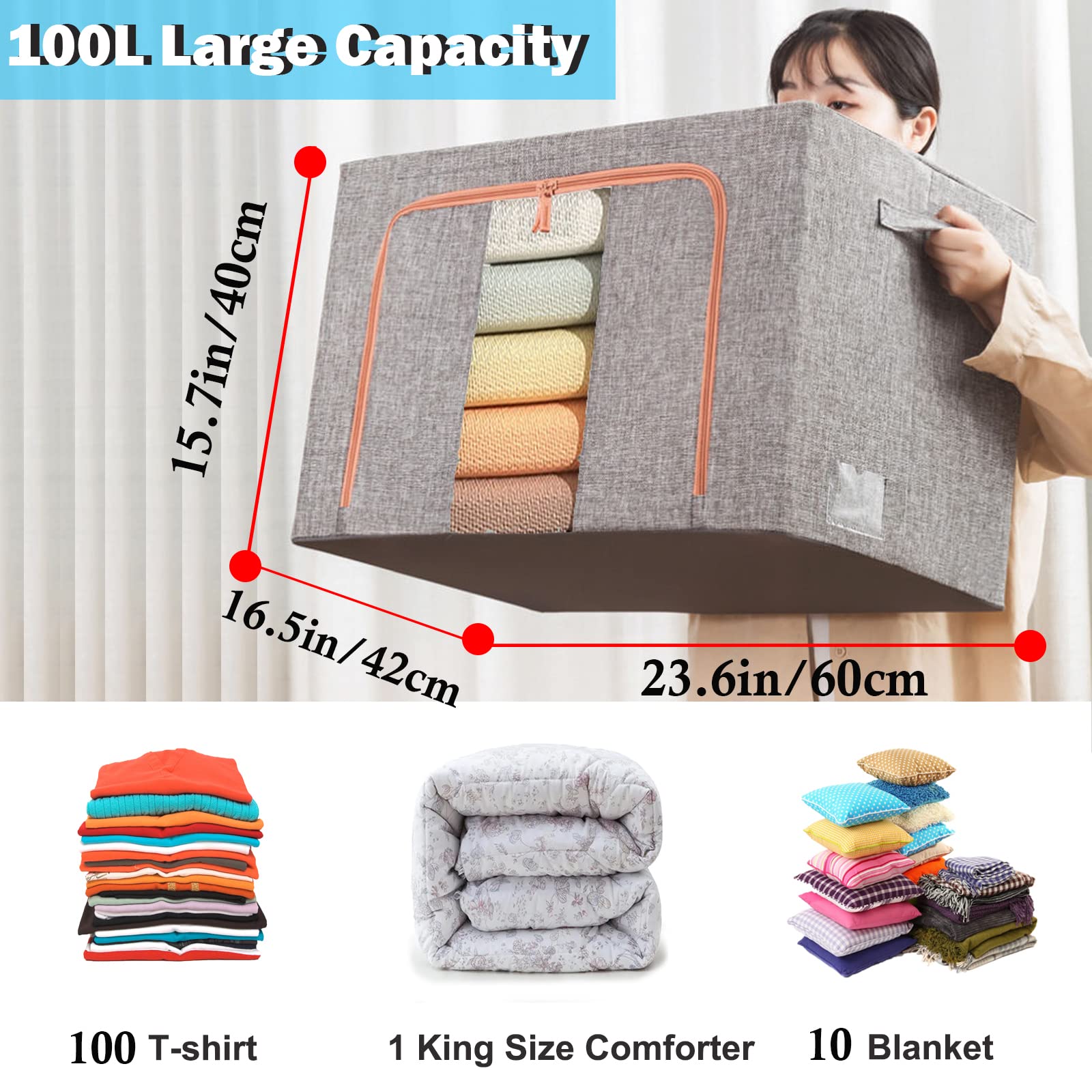 Grey foldable storage box with large top opening and orange zipper handles