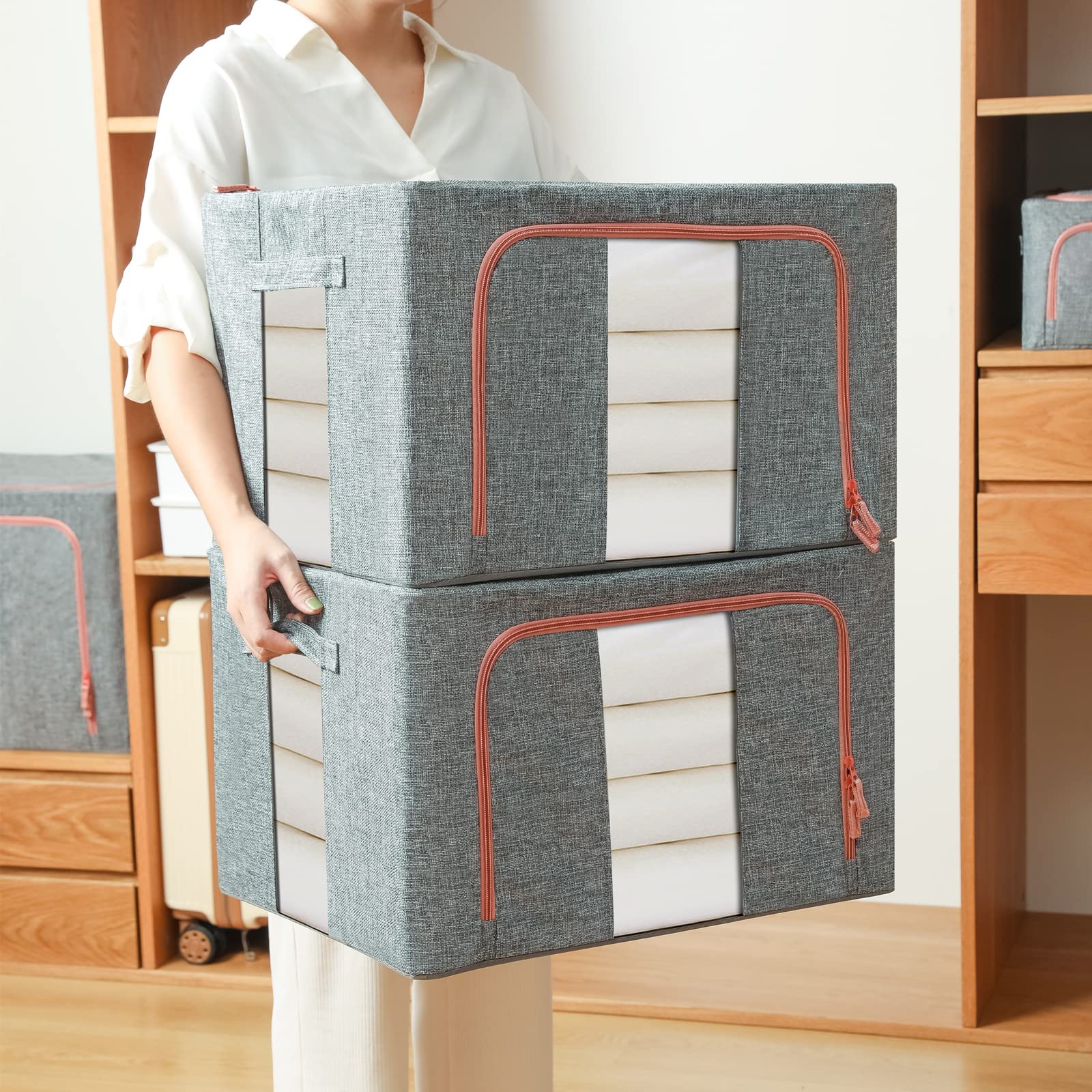 Grey wardrobe storage box with front clear window panel and orange zipper trim